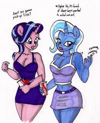  2018 anthro anthrofied bottomwear breasts cellphone cleavage clothed clothing duo electronics english_text equid equine female friendship_is_magic hasbro hi_res horn mammal miniskirt my_little_pony mythological_creature mythological_equine mythology newyorkx3 phone ringing skirt smartphone starlight_glimmer_(mlp) text trixie_(mlp) unicorn 