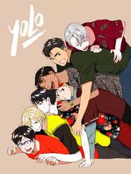  6+boys :t ^_^ arashi_(boom_sate225) black_hair blonde_hair blue-framed_eyewear brown_eyes closed_eyes commentary_request floral_print glasses green_eyes grey_hair grin jean-jacques_leroy katsuki_yuuri lee_seung-gil lying male_focus minami_kenjirou multiple_boys on_stomach open_mouth phichit_chulanont print_shirt shirt smile viktor_nikiforov watch wristwatch yuri!!!_on_ice yuri_plisetsky 