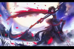  beowolf black_hair boots cape cloud commentary_request crescent_rose cross dated female full_moon grimm_(rwby) inoi letterboxed moon night pantyhose petals photoshop_(medium) ruby_rose rwby scythe short_hair signature skirt solo star_(sky) weapon 