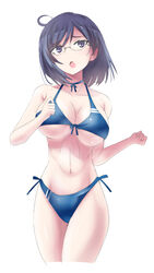  bikini black_eyes black_hair blue_bikini blush breasts cleavage commentary_request female glasses ishizu_kayu konori_mii large_breasts navel open_mouth short_hair solo swimsuit toaru_kagaku_no_railgun toaru_majutsu_no_index underboob 