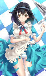  apron black_hair blue_dress blush brown_eyes commentary_request dress female hairband himeragi_yukina ishizu_kayu looking_at_viewer lying maid maid_apron on_back panties polearm short_hair solo spear strike_the_blood striped_clothes striped_panties torn_clothes torn_dress underwear weapon 