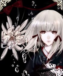  albino bad_id bad_pixiv_id black_background black_kimono blunt_bangs bubble chrysanthemum fatal_frame fatal_frame_5 female flower hair_ribbon highres japanese_clothes kamiyamana kimono looking_at_viewer name_connection object_namesake pale_skin red_eyes ribbon shiragiku_(fatal_frame) short_hair solo tears tress_ribbon white_flower white_hair 