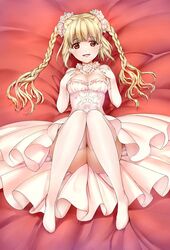  bare_shoulders bed_sheet blonde_hair braid breasts cleavage commentary_request darwin&#039;s_game detached_collar dress elbow_gloves female flower from_above full_body gloves hair_flower hair_ornament knees_up long_hair looking_at_viewer lying medium_breasts no_shoes official_art on_back open_mouth red_eyes rose shuka_(darwin&#039;s_game) smile solo strapless strapless_dress takahata_yuki thighhighs twin_braids twintails wedding_dress white_dress white_gloves white_thighhighs 