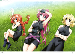  3girls absurdres armpits black_dress blonde_hair blue_eyes braid crossed_arms dress fingerless_gloves gloves graf_eisen grass hand_on_forehead hashimoto_takayoshi highres jewelry klarwind laevatein_(nanoha) long_hair lying lyrical_nanoha mahou_shoujo_lyrical_nanoha mahou_shoujo_lyrical_nanoha_a&#039;s mahou_shoujo_lyrical_nanoha_the_movie_2nd_a&#039;s multiple_girls necklace official_art pink_hair ponytail purple_eyes red_hair shamal short_hair signum twin_braids undersuit vita_(nanoha) 