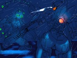  2girls arm_blade ass bad_id bad_pixiv_id commentary_request glowing glowing_eyes green_eyes highres mecha_musume monster_girl multiple_girls neon_trim otachi pacific_rim personification rakihiro striker_eureka tail thrusters weapon 