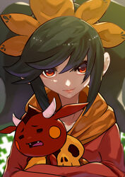  ashley_(warioware) bandana black_hair blush_stickers closed_eyes colored_skin commentary_request demon demon_horns fangs female gorimaro hair_ornament highres horns hug lipstick makeup open_mouth red_(warioware) red_eyes red_skin size_difference skull tiara twintails upper_body warioware 