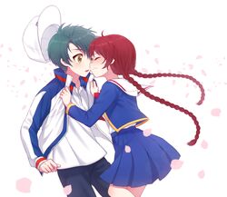  1boy bad_id bad_pixiv_id blush cherry_blossoms closed_eyes echizen_ryooma female green_hair imminent_kiss jacket kissing ksuga long_hair ryuuzaki_sakuno school_uniform seishun_academy_school_uniform serafuku short_hair skirt straight tennis_no_ouji-sama 