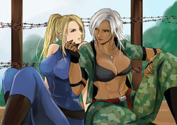  2girls abs black_bra blonde_hair blue_eyes bra breasts brown_eyes camouflage cleavage commentary_request dark-skinned_female dark_skin dog_tags fence fingerless_gloves full-length_zipper gloves grabbing_another&#039;s_chin hand_on_another&#039;s_chin hayame_(m_ayame) impossible_clothes interracial large_breasts lips long_hair multiple_girls navel open_clothes ponytail sarah_bryant silver_hair sitting toned underwear vanessa_lewis virtua_fighter yuri zipper 