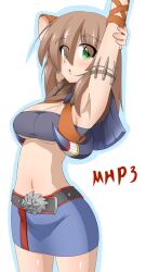  :o arm_grab armband armpits arms_up bad_id bad_pixiv_id bandeau belt belt_buckle blush body_blush breasts brown_hair buckle cleavage copyright_name cowboy_shot deviljho_(armor) dober_(armor) female fur_trim green_eyes hair_between_eyes highres horns kaz_(shade) large_breasts long_hair looking_at_viewer looking_back makihara_nodoka midriff miniskirt monster_hunter_(character) monster_hunter_(series) monster_hunter_portable_3rd navel open_mouth original profile shadow sideboob sidelocks simple_background skirt solo standing stretching studded_belt teeth underboob white_background 