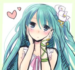  aqua_eyes aqua_hair blush commentary_request female flower hair_flower hair_ornament hands_on_own_face hatsune_miku head_tilt heart long_hair lowres project_diva_(series) project_diva_2nd shari solo vocaloid 