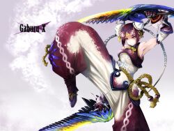  armpits bad_id bad_pixiv_id bare_shoulders bracelet bun_cover character_name chinese_clothes double_bun dual_wielding female fighting_stance gloves gobul_(armor) hair_bun highres holding jewelry leg_up monster_hunter_(character) monster_hunter_(series) monster_hunter_3_g purple_eyes purple_hair rope sadamatsu_ryuuichi short_hair solo spiked_bracelet spikes 