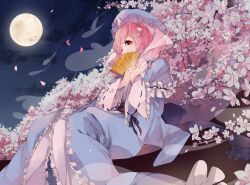  cherry_blossoms cloud commentary_request dj.adonis female folding_fan full_moon ghost hand_fan hat highres hitodama japanese_clothes moon night night_sky petals pink_hair red_eyes saigyouji_yuyuko short_hair sitting sky solo touhou tree triangular_headpiece 