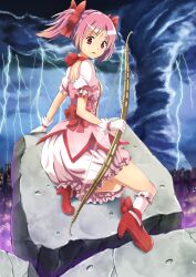  blue_door blush bow bow_(weapon) choker female gloves hairbow kaname_madoka lightning looking_back magical_girl mahou_shoujo_madoka_magica open_mouth pink_hair red_eyes short_hair short_twintails smile solo twintails weapon white_gloves 