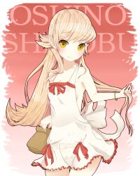  bad_id bad_pixiv_id bare_shoulders blonde_hair blush dress female highres long_hair monogatari_(series) nisemonogatari oshino_shinobu pointy_ears solo umeno yellow_eyes 