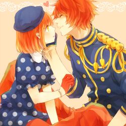  1boy aiguillette beret black_gloves bracelet closed_eyes commentary_request dress female gloves hand_on_another&#039;s_cheek hand_on_another&#039;s_face hat heart hiyoyogi ittoki_otoya jewelry military military_uniform nanami_haruka orange_background pantyhose polka_dot polka_dot_dress reaching red_gloves red_hair red_legwear short_hair simple_background sitting uniform uta_no_prince-sama yellow_eyes 