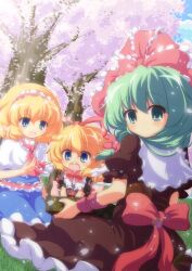  3girls alice_margatroid bento blonde_hair blue_dress blue_eyes blue_sky blush bow brown_dress capelet cherry_blossoms cloud commentary_request day dress grass green_eyes green_hair hair_ribbon hairband highres kagiyama_hina long_hair medicine_melancholy multiple_girls nullpooo open_mouth outdoors ribbon sash short_hair sitting sky smile touhou tree 