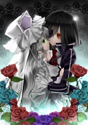  2girls black_hair capelet colored_eyelashes commentary_request dress eyepatch flower gloves green_eyes hat holding_hands hug kure_kirika long_hair magical_girl mahou_shoujo_madoka_magica mahou_shoujo_oriko_magica mikuni_oriko multiple_girls necktie nekoda_kuro oerba_yun_fang orange_eyes rose short_hair white_hair yuri 