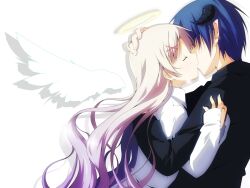  1boy angel angel_and_devil blue_hair closed_eyes commentary_request drawn_wings earrings female halo hand_on_another&#039;s_head highres horns jewelry kissing long_hair matching_earrings original pointy_ears straight stud_earrings tears traditional_halo white_hair wings yuzuki_kei 