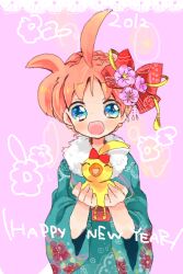  2012 ahiru_(duck)_(princess_tutu) ahiru_(princess_tutu) ahoge alternate_hairstyle bad_id bad_pixiv_id bird blue_eyes bow closed_eyes dual_persona duck english_text female flower freckles hair_flower hair_ornament hair_up hairbow happy_new_year holding japanese_clothes nekoto_rina new_year no_nose open_mouth pink_hair princess_tutu smile 