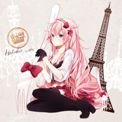  :&lt; artist_name bad_id bad_pixiv_id black_gloves black_thighhighs blue_eyes collarbone eiffel_tower female fork gloves hairband hatsuko jacket long_hair looking_at_viewer megurine_luka midriff oversized_object photoshop_(medium) pink_hair sitting skirt solo thighhighs vocaloid yokozuwari 