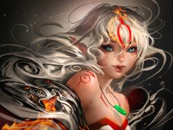  amaterasu animal_ears banned_artist bare_shoulders blue_eyes deviantart_sample facial_mark fangs fire flame image_sample jewelry lips necklace okami personification sakimichan solo upper_body watermark web_address white_hair 