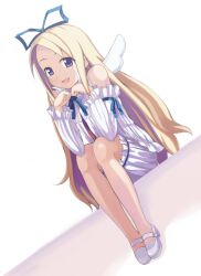  blonde_hair blue_door blue_eyes bow disgaea female flonne hairbow long_hair makai_senki_disgaea mary_janes open_mouth ribbon shoes sitting smile solo very_long_hair wings 