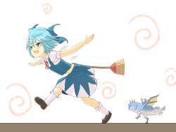  blue_eyes blue_hair bow broom cirno commentary_request crossover female fish hairbow legs mitsuki_yuuya monster_hunter_(series) open_mouth outstretched_arms plesioth short_hair skirt smile solo spread_arms touhou 