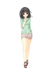  asa_no_ha_(awayuki) bakemonogatari black_hair brown_eyes casual commentary_request female monogatari_(series) photoshop_(medium) sandals sengoku_nadeko short_hair shorts smile solo white_shorts 