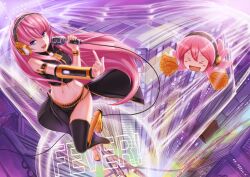  &gt;_&lt; blue_eyes boots cityscape closed_eyes commentary_request crazypen female from_above headphones long_hair looking_at_viewer luka_luka_night_fever_(vocaloid) megurine_luka microphone midriff music navel pink_hair pom_pom_(cheerleading) samfree_(&quot;night&quot;_songs) singing skirt smile solo takoluka thighhighs very_long_hair vocaloid 