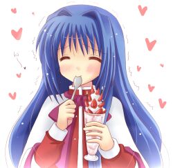  bad_id bad_pixiv_id blue_hair closed_eyes female food fruit heart highres hinata_mirun holding holding_spoon ice_cream kanon long_hair minase_nayuki school_uniform solo spoon strawberry trembling 