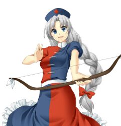  bad_id bad_pixiv_id blue_eyes bow_(weapon) braid dress female grey_hair hat highres jenevan long_braid long_hair nurse_cap simple_background solo touhou weapon white_background yagokoro_eirin 