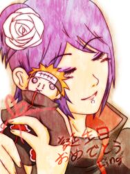  akatsuki_(naruto) akatsukiovo closed_eyes doll eyeshadow female flower hair_flower hair_ornament konan labret_piercing makeup naruto naruto_shippuuden piercing smile 