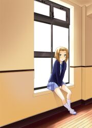  bad_id bad_pixiv_id blue_skirt brown_eyes brown_hair commentary_request female hairband hino_minato_(spec.c) k-on! long_sleeves miniskirt photoshop_(medium) pleated_skirt sakuragaoka_high_school_uniform school_uniform shoes short_hair sitting_in_window skirt solo tainaka_ritsu uwabaki v_arms wide_shot window windowsill 