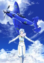  1boy aircraft airplane cloud day earrings fana_del_moral female gloves hikuushi_series jewelry karino_charles military official_art scarf sky toaru_hikuushi_e_no_tsuioku uniform vehicle_focus 