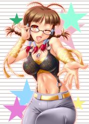  ;d akizuki_ritsuko antenna_hair ayato bad_id bad_pixiv_id breasts cleavage cool_&amp;_sexy_(idolmaster) female glasses highres idolmaster idolmaster_(classic) medium_breasts midriff navel one_eye_closed open_mouth pants photoshop_(medium) sleeveless smile star_(symbol) 