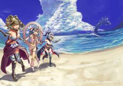  3girls armor athena_(lord_of_vermilion) beach blue_hair breasts character_request cleavage cloud commentary_request day dragon drill_hair eyepatch fantasy green_hair helmet holding_hands jeanne_d&#039;arc_(lord_of_vermilion) lakshmi_(lord_of_vermilion) large_breasts lord_of_vermilion love_plus_plus medium_breasts midriff mizore_akihiro multiple_girls ocean outdoors photoshop_(medium) purple_eyes red_eyes running sky small_breasts 