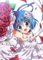  armpits bad_id bad_pixiv_id bare_shoulders blue_eyes blue_hair blush bouquet bride dress elbow_gloves female flower foreshortening gloves hair_flower hair_ornament hair_rings hair_stick kaku_seiga open_mouth petals red_flower red_rose rose shawl short_hair smile solo supershiruco touhou upper_body wedding_dress white_gloves 