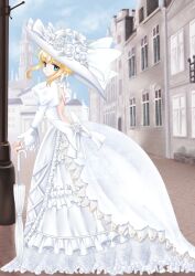  alternate_costume artoria_pendragon_(fate) bad_id bad_pixiv_id blonde_hair blue_eyes bustle chize closed_umbrella dress fate/stay_night fate_(series) female gown hat juliet_sleeves lace large_hat long_sleeves picture_hat planted planted_umbrella puffy_sleeves saber_(fate) solo umbrella white_dress 