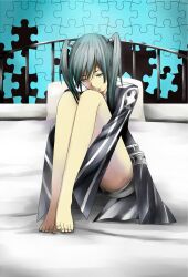  bed black_hair black_order_uniform blue_eyes d.gray-man feet female highres jigsaw_puzzle legs lenalee_lee looking_down puzzle sitting solo toes twintails 