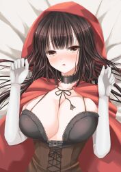  blush breasts brown_hair bustier choker cleavage cloak collarbone commentary_request cosplay female gloves hood hooded_cloak itsumoto_hiroharu large_breasts little_red_riding_hood little_red_riding_hood_(grimm) little_red_riding_hood_(grimm)_(cosplay) long_hair lying on_back open_mouth original parted_lips skindentation solo tears unaligned_breasts upper_body white_gloves 