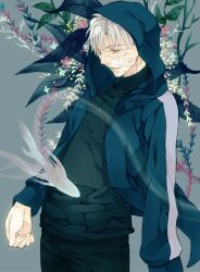  1boy commentary_request fate/zero fate_(series) fish grey_background hood hoodie koi male_focus matou_kariya nishi_juuji scar solo standing white_hair 