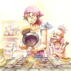  2boys angry apron commentary_request cooking da-vesita eating egg final_fantasy final_fantasy_vi fire flour food frying_pan grill locke_cole male_focus multiple_boys old old_man pancake spatula strago_magus 