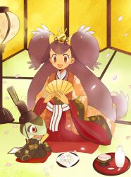  alcohol arare_(food) axew bad_id bad_pixiv_id big_hair brown_eyes cherry_blossoms clothed_pokemon fan flower folding_screen food gen_5_pokemon hair_ornament hakama hat hinamatsuri hishimochi holding iris_(pokemon) japanese_clothes karaginu_mo kimono layered_clothing layered_kimono mei_(maysroom) mochi petals pokemon pokemon_(creature) pokemon_(game) pokemon_bw purple_hair red_hakama saishi sake tatami tokkuri wagashi 