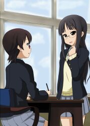  2girls black_hair brown_eyes commentary_request desk extra glasses k-on! long_hair manabe_nodoka multiple_girls nori_(mega_drive) sakuragaoka_high_school_uniform school_desk school_uniform short_hair takahashi_fuuko 