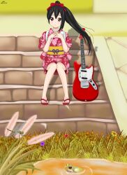  alternate_hairstyle black_hair brown_eyes commentary_request electric_guitar female fender_mustang floral_print guitar highres instrument japanese_clothes k-on! kimono long_hair nakano_azusa nihility photoshop_(medium) ponytail red_kimono sandals sitting sitting_on_stairs solo stairs tasuki yukata 