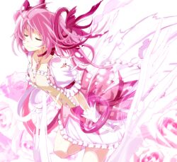  armcho blood closed_eyes commentary_request dress female flower gloves hair_ribbon injury jewelry kaname_madoka kaname_madoka_(magical_girl) magical_girl mahou_shoujo_madoka_magica mahou_shoujo_madoka_magica_(anime) necklace pendant photoshop_(medium) pink_flower pink_hair pink_rose pink_skirt ribbon rose skirt smile solo tears torn_clothes torn_dress twintails white_gloves 