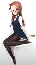  bespectacled black_pantyhose brown_eyes brown_hair dress female frown glasses hairband idolmaster idolmaster_(classic) long_hair looking_at_viewer minase_iori no_shoes pantyhose petite ribbon shoes sitting solo ttomm unworn_shoes 