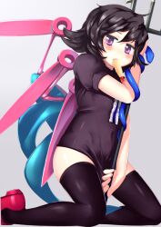  asymmetrical_wings black_hair black_thighhighs blue_wings blush commentary_request dress female food gigokku houjuu_nue kneeling mouth_hold red_eyes red_wings short_hair shrimp shrimp_tempura snake solo tempura thighhighs touhou weapon wings zettai_ryouiki 