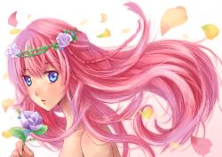  absurdres bad_id bad_pixiv_id blue_eyes female flower hair_flower hair_ornament highres holding holding_flower long_hair megurine_luka petals pink_hair purple_flower purple_rose rose sakura_ran solo topless vocaloid 