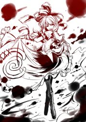  arm_ribbon boots clothes_lift commentary_request dress dress_lift female hair_ribbon inkblot kagiyama_hina looking_back monochrome pantyhose ribbon smile solo takana_shinno touhou 